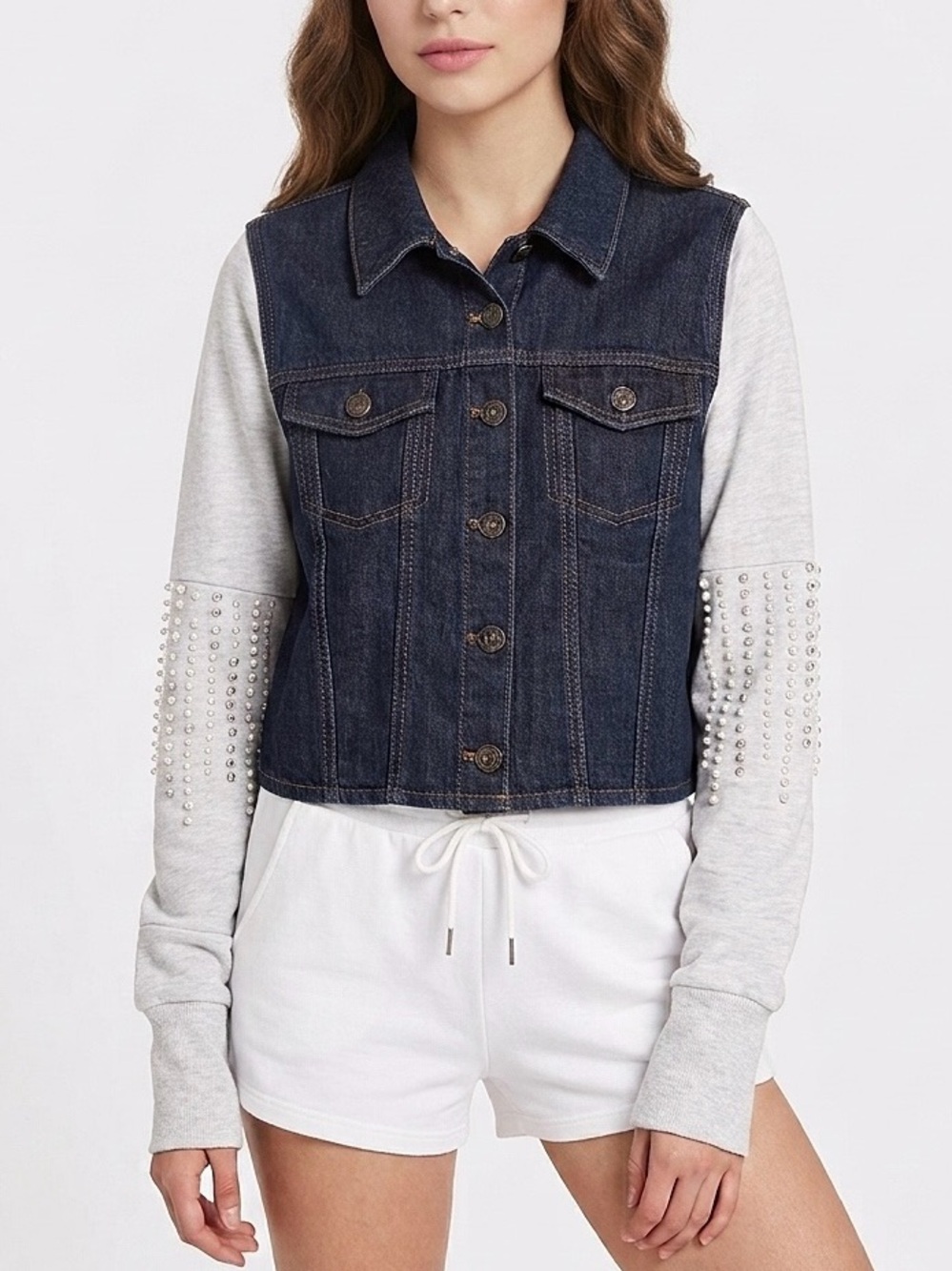 VINTAGE AMERICA Denim Jacket Rhinestone & Pearl Embellished Knit Sleeves - Small
